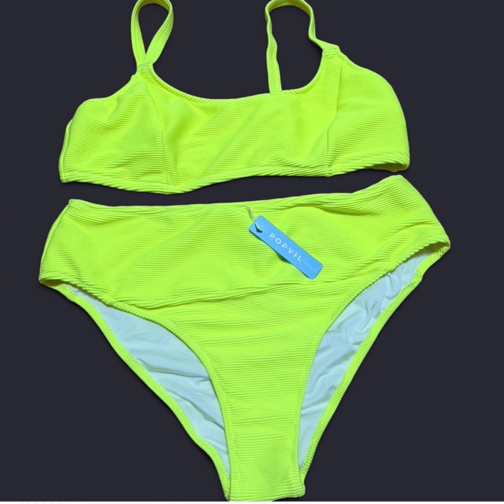 POPVIL Neon Lime Ribbed High-Waist Bikini Set